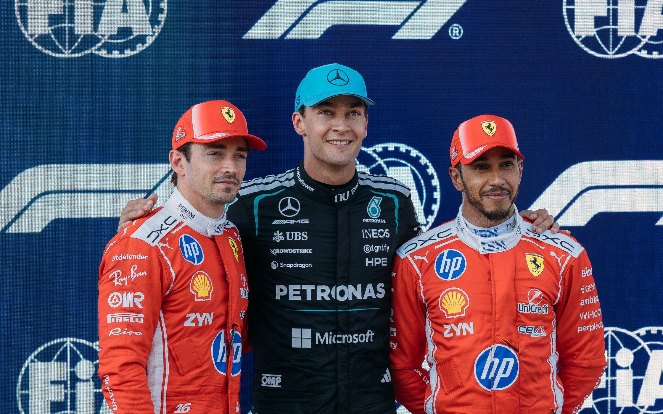 George Russell, Charles Leclerc a Lewis Hamilton
