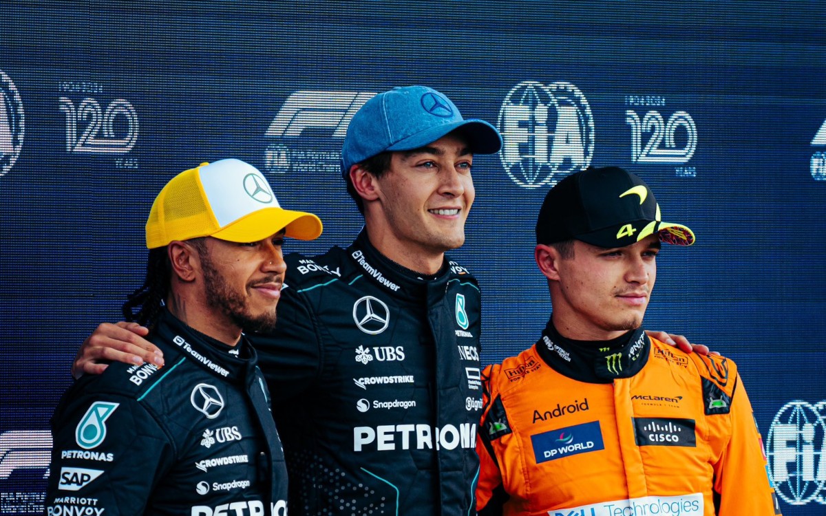 George Russell, Lewis Hamilton a Lando Norris