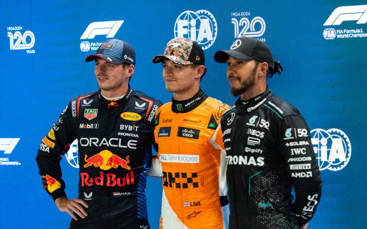 Lando Norris, Max Verstappen a Lewis Hamilton